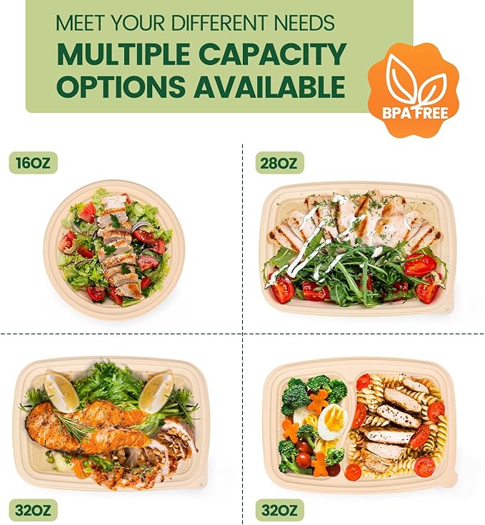 100 Piece (50 Pack) Meal Prep Bowl Containers with Lids, Cornstarch Round Food Containers for Lunch Salad Deli Soup, BPA Free Plant-based Take Out Containers Microwave & Freezer Safe, 16 oz