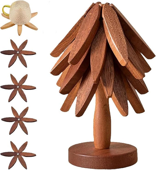 Natural Wood Tree Trivet Set, 𝐍atural Tree Trivet Set - 4 Wooden Trivets,4 Wooden 𝐓rivets & 1 Stand Like a Christmas Trees,for Hot Dish,Pot,Bowl,Teapot,Hot Pot Sets (Walnut Finish 4 Trivets,1set)