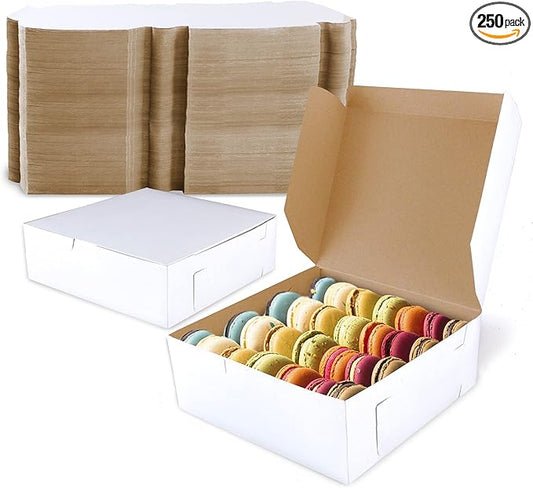 Fit Meal Prep Bakery Boxes - 250 Pack, 8 x 8 x 3 Inches, Kraft Lining, Pastry, Pie, Cookie, Dessert Boxes for Cupcakes, Chocolates, Donuts, Macarons