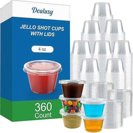 360 Set 4 oz Jello Shot Cups with Lids, Sturdy & Food Safe Disposable Plastic Portion Condiment Dipping Sauce Cups, Small Containers for Salad Dressing