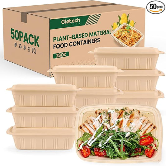 100 Piece (50 Pack) Meal Prep Containers with Lids, 28 oz Cornstarch Food Storage Containers Plant-based Lunch Box for Salad,BPA Free Plastic Take Out Containers Microwave and Freezer Safe