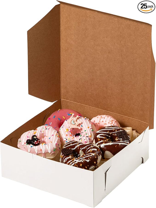 Fit Meal Prep [25 Pack] Pastry Boxes 8x8x3 White Bakery Box for Cookies, Compostable Kraft Paper Cardboard for Baked Goods Packaging, Cake, Food, Donut, Cupcake, Candy, Bread, Bridesmaid Gift Box