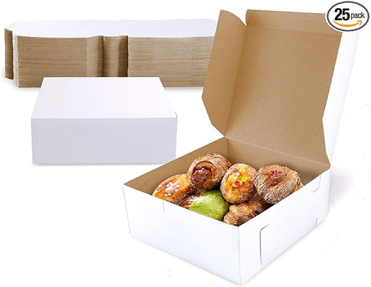 Fit Meal Prep 25 Pack White Bakery Boxes, 6 x 6 x 3 Inches Kraft Lining Pastry Boxes, Cardboard Treat Boxes Pie Boxes Cookie Boxes Dessert Boxes for Cupcakes, Chocolates, Donuts, Macarons