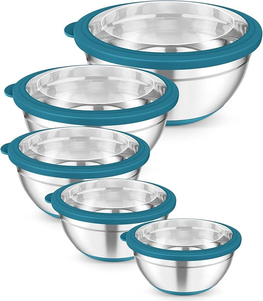 TeamFar Mixing Bowls, 5PCS Stainless Steel Serving Salad Bowls with Lids, For Kitchen Mixing/Baking/Storing/Prepping, Visible & Airtight, Non-Slip Bottom - 4.6/3.5/1.5/1 / 0.7 QT, Dark Blue
