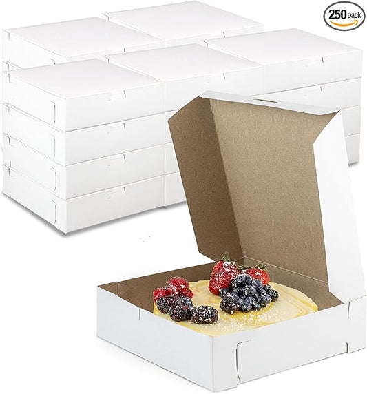 [250 Pack] Pastry Boxes - 9 x 9 x 3 Inch White Bakery Box for Cookies, Compostable Kraft Paper Cardboard for Baked Goods Packaging, Cake, Food, Donut, Cupcake, Candy, Bread, Bridesmaid Gift Box